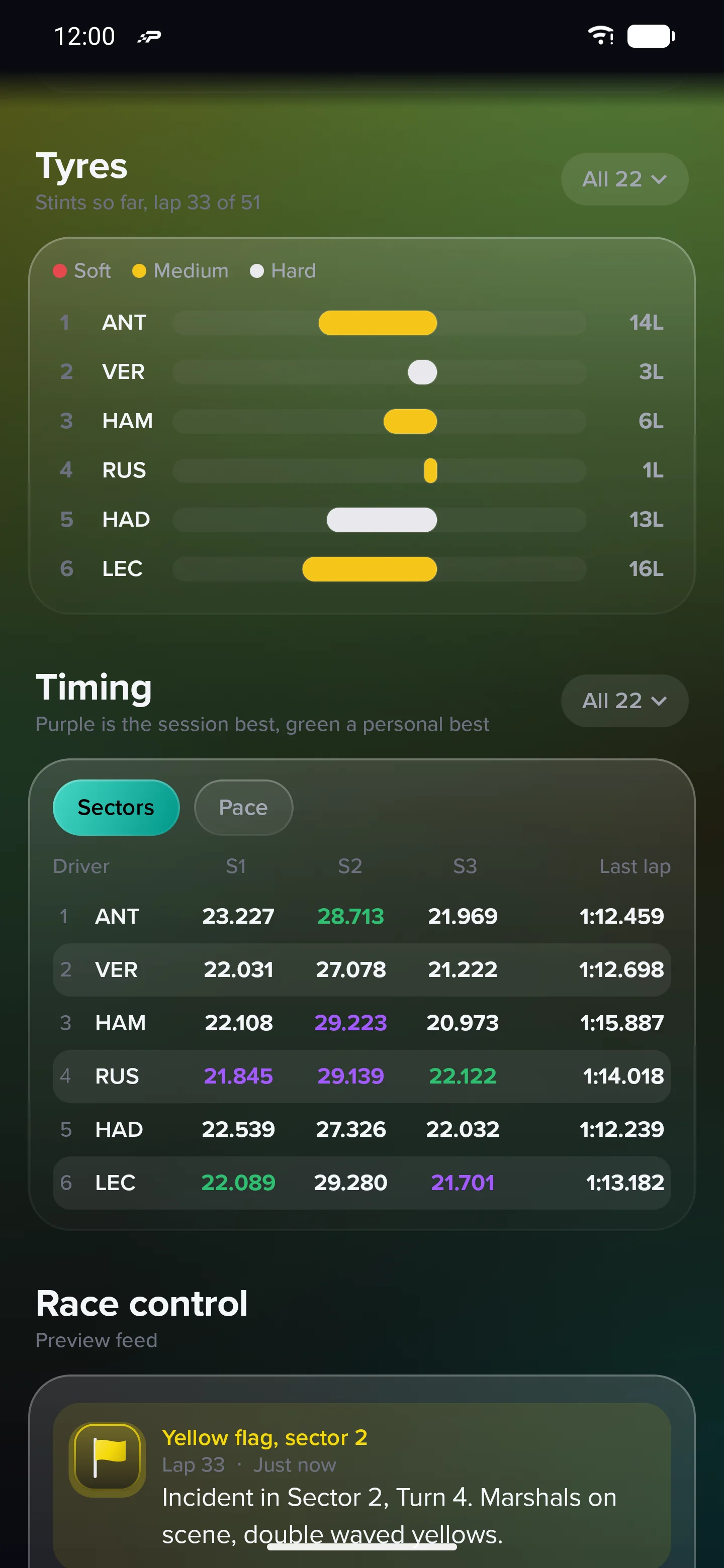 Pitwall strategy and sectors screen